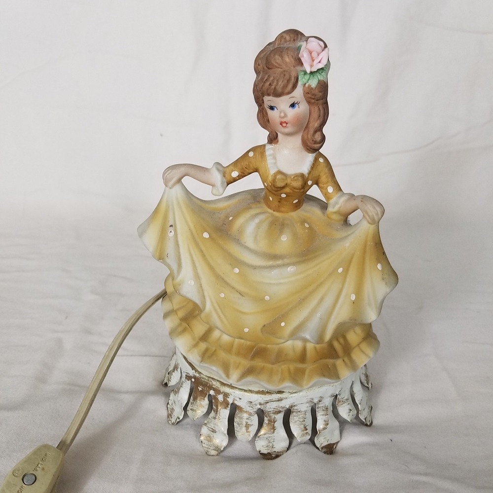 Vntg Aladdin Giftware Figurine Night Light Lady Yellow Dress Gold Good Porcelain